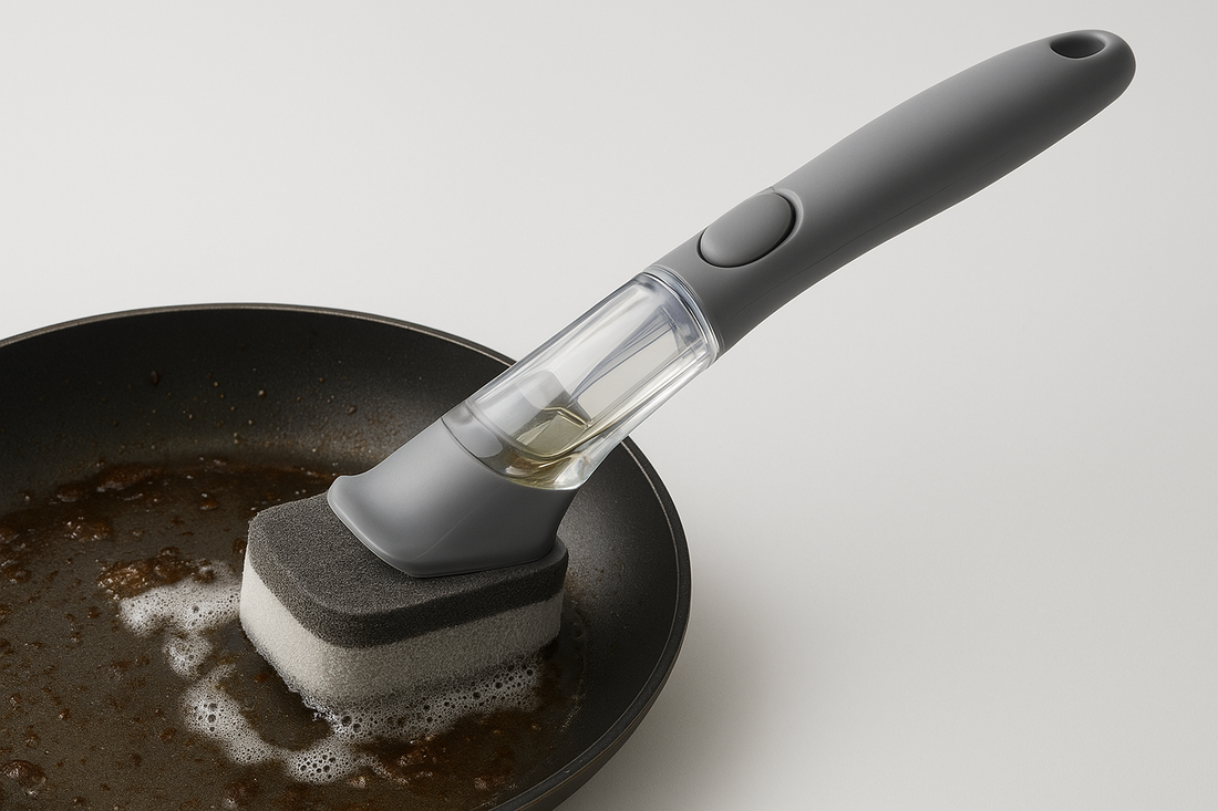 Kitchen Oil Dirty Pan Brush Can Add Detergent Sponge Brush Long Handle Cleaning Brush (Gray)