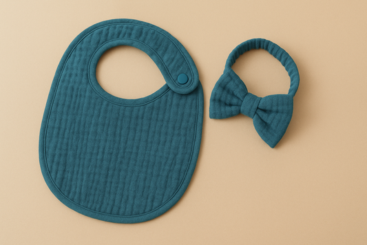 Elegance Meets Comfort: Baby Cotton Gauze Drool Towel + Bow Hairband Set in Peacock Blue