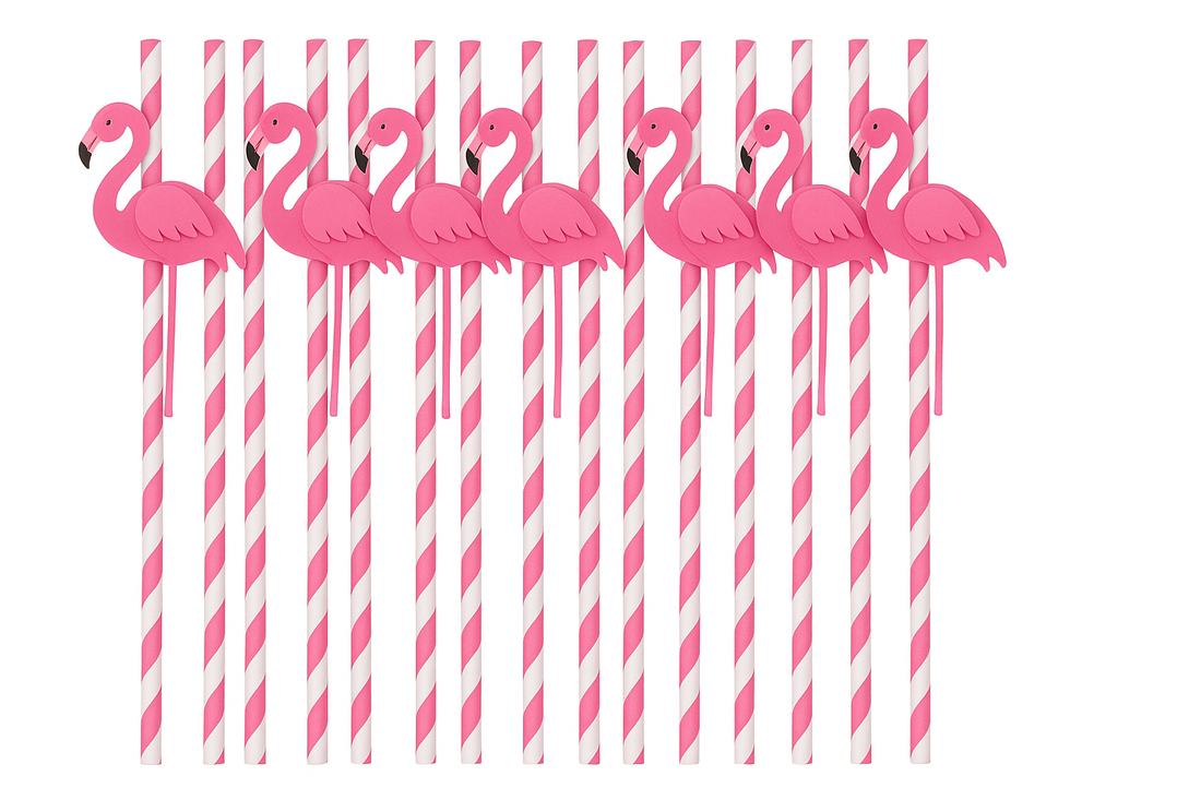 Tropical Vibes in Every Sip: 50 PCS 3D Flamingo Jungle Paper Straws Party Decorations Cocktail Straw (Pink)