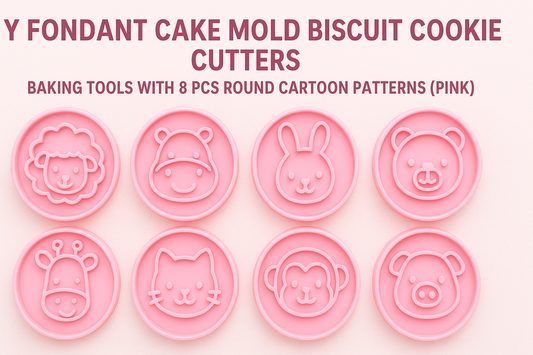 DIY Fondant Cake Mold Biscuit Cookie Cutters – 8 PCS Round Cartoon Patterns (Pink) for Fun, Creative, and Decorative Baking