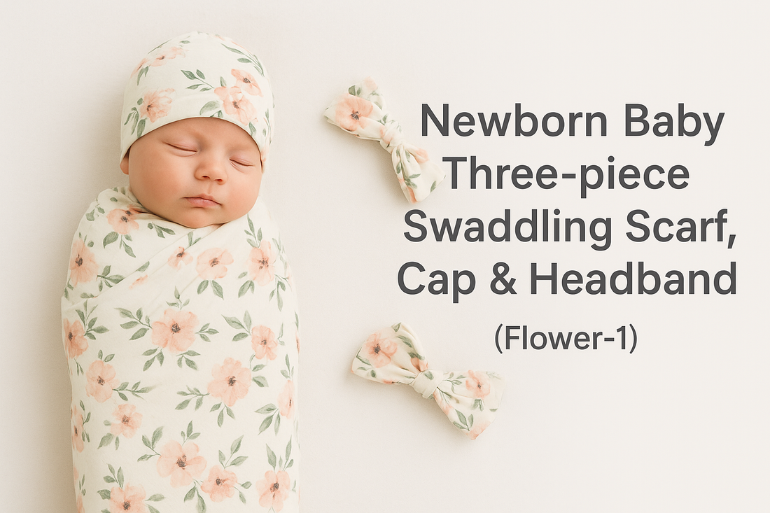 Newborn Baby Three-Piece Swaddling Scarf, Cap & Headband (Flower-1) – Comfort, Style, and Care for Your Little One