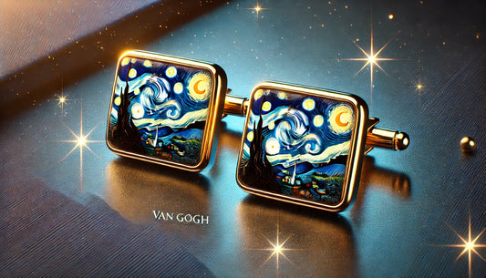 1 Pair Fashion Van Gogh Art Painting Series Cufflinks - Van Gogh Starry Night Crystal Glass Cabochon Cufflinks (Gold)