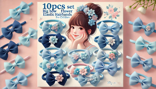 10pcs/Set Big Bow Flower Elastic Hairbands for Children Girls - Sweet Hair Ties, Style: Blue Series