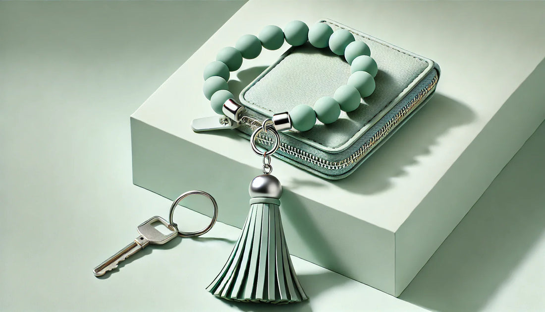 Stylish and Functional-PU Tassel Silicone Bead Bracelet Wallet With Keychain in Refreshing Mint Green for Everyday Convenience