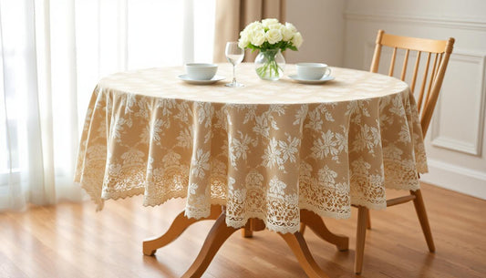 Elegance Woven in Tradition: The 150cm Round Jacquard Lace Tablecloth in Light Brown